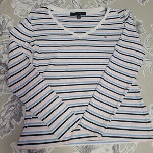 Tommy Hilfiger Striped V Neck Long Sleeve 100% Cotton T Shirt Small EUC